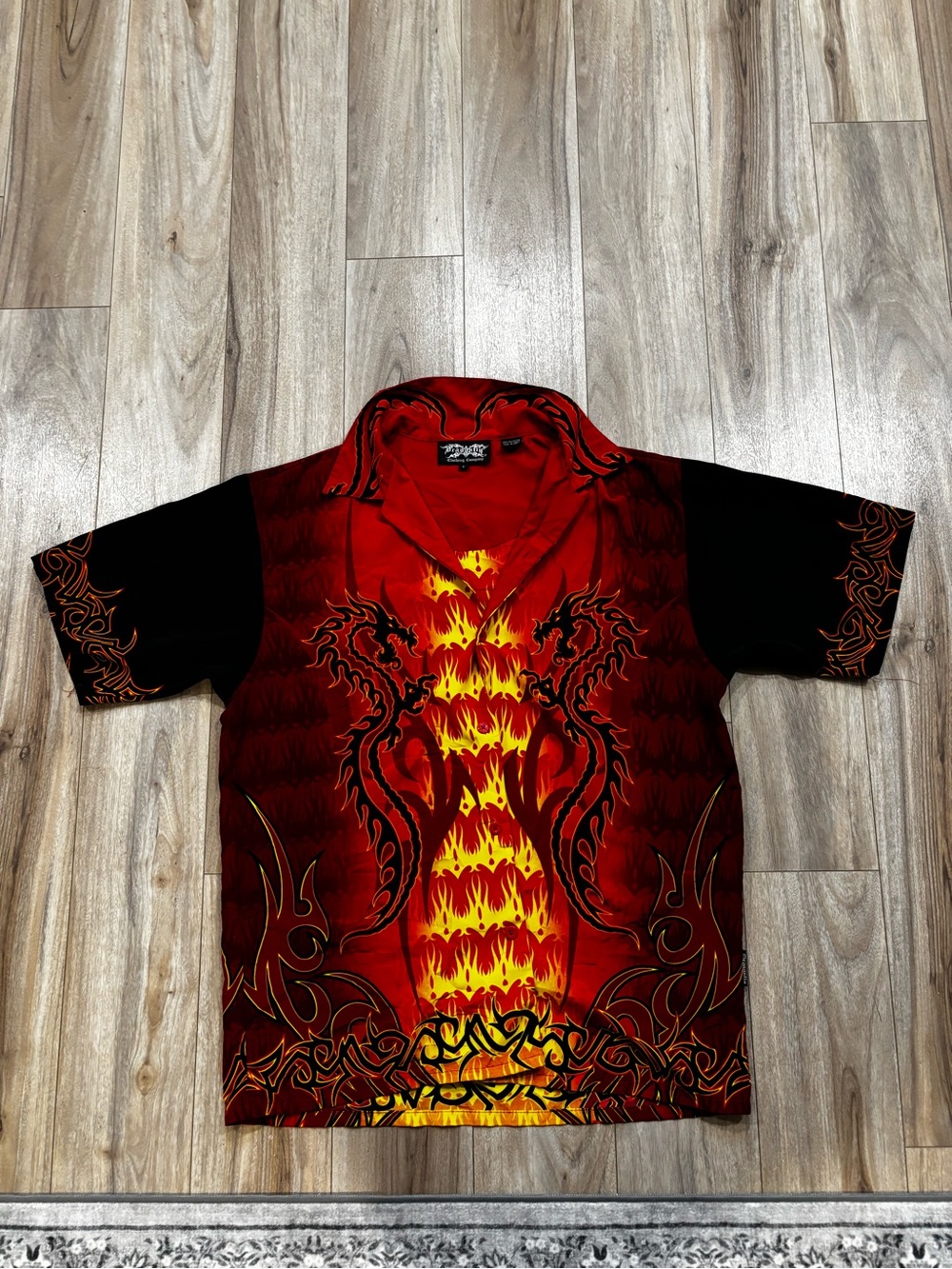 Large Dragonfly Red Flame & Dragon Short-Sleeve Button-Down Shirt